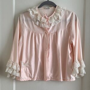 Vintage Bed Jacket Pink with Cream Lace Frill Neck and Tiered Lace Cuffs Size L